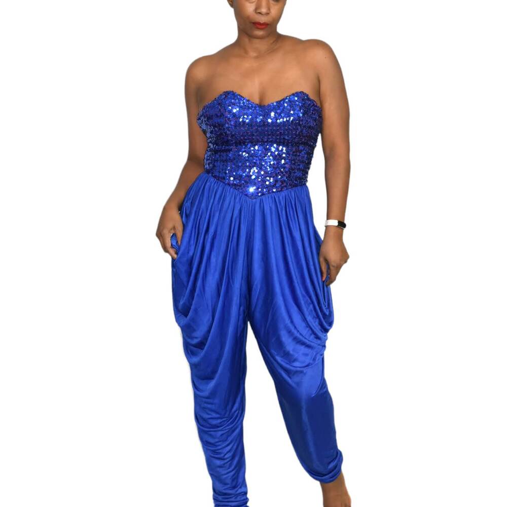 Sequin Draped Jumpsuit Vintage Blue Harem Strapless Sweetheart Pant Size Small